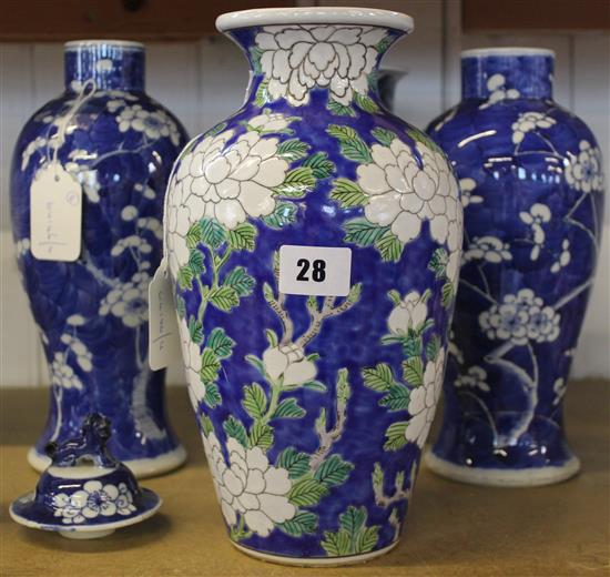 Chinese baluster vase, decorated peonies in white, green and blue, pair blue & white prunus vases & a similar sleeve vase (faults)